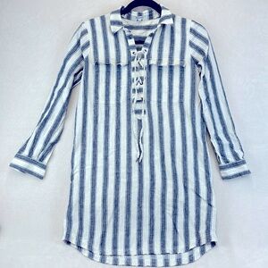 MADEWELL Linen Cotton Striped Lace Up Tunic Shirt Dress Collar Blue Size XXS